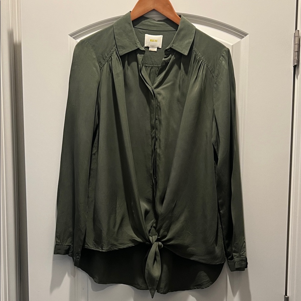 Maeve Deep Green Satin Blouse with Front Tie